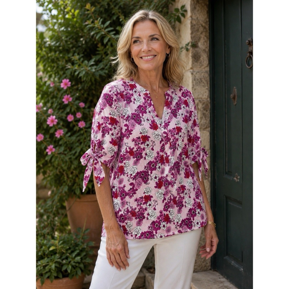 Charter Club Luxury Linen Size Medium Floral Tie Sleeve Blouse Pink‎ Boho